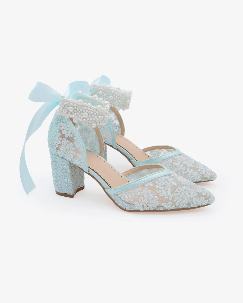Lace Block Heel For Weddings with Perla Ankle Strap