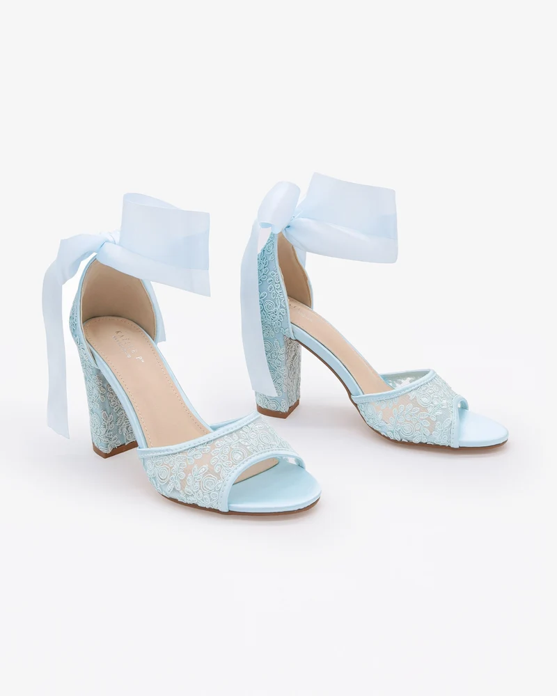 Crochet Lace Block Heel Sandals with Wrapped Ribbon Tie