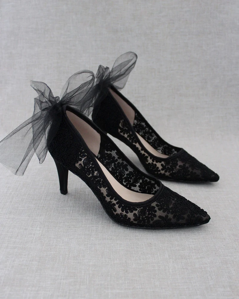 Lace Evening Shoes with Tulle Back Bow