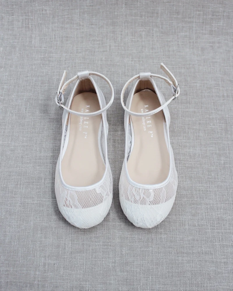 White New Lace Ballet Flats with Ankle Strap