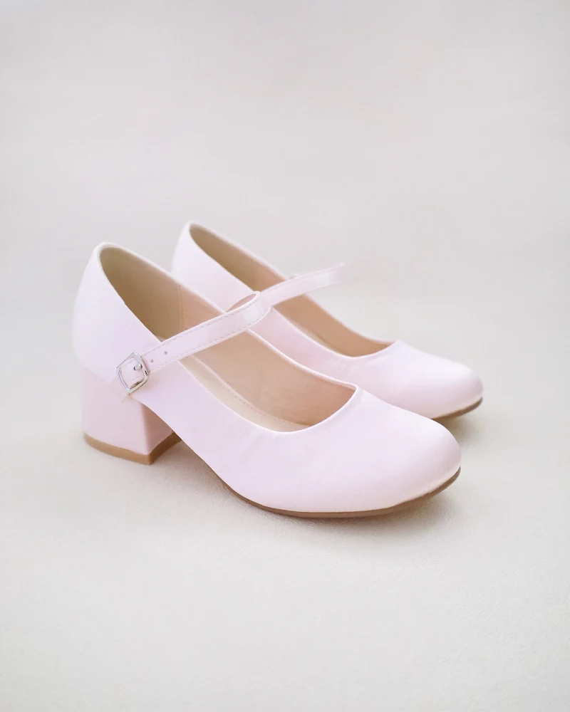 Girls Satin Mary Jane Block Heel