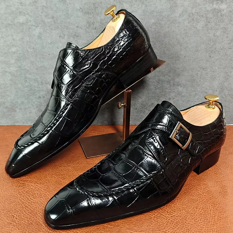 Zwarte loafers met krokodillenprint en geweven patroon