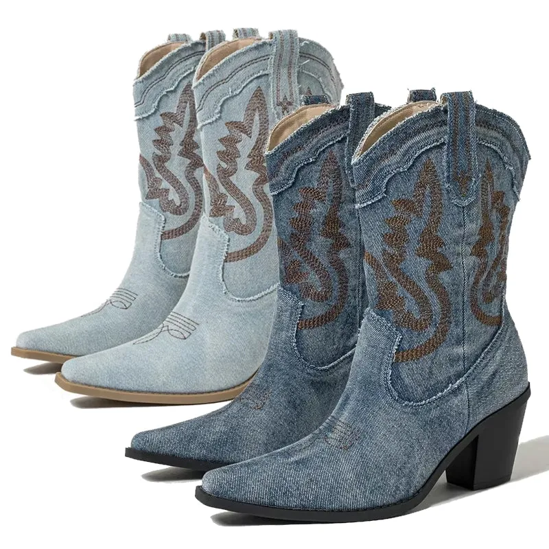 Denim enkellaarsjes met puntige neus voor dames