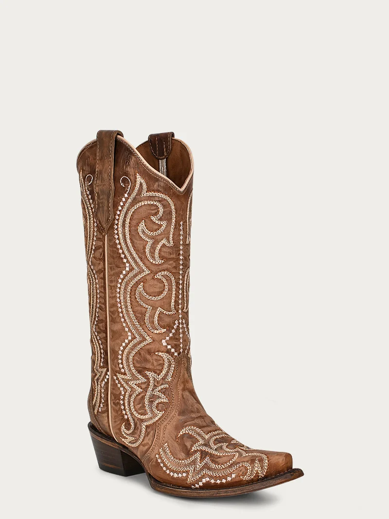 L5893 - WOMEN'S SEQUIN EMBROIDERY BROWN SNIP TOE COWBOY BOOT