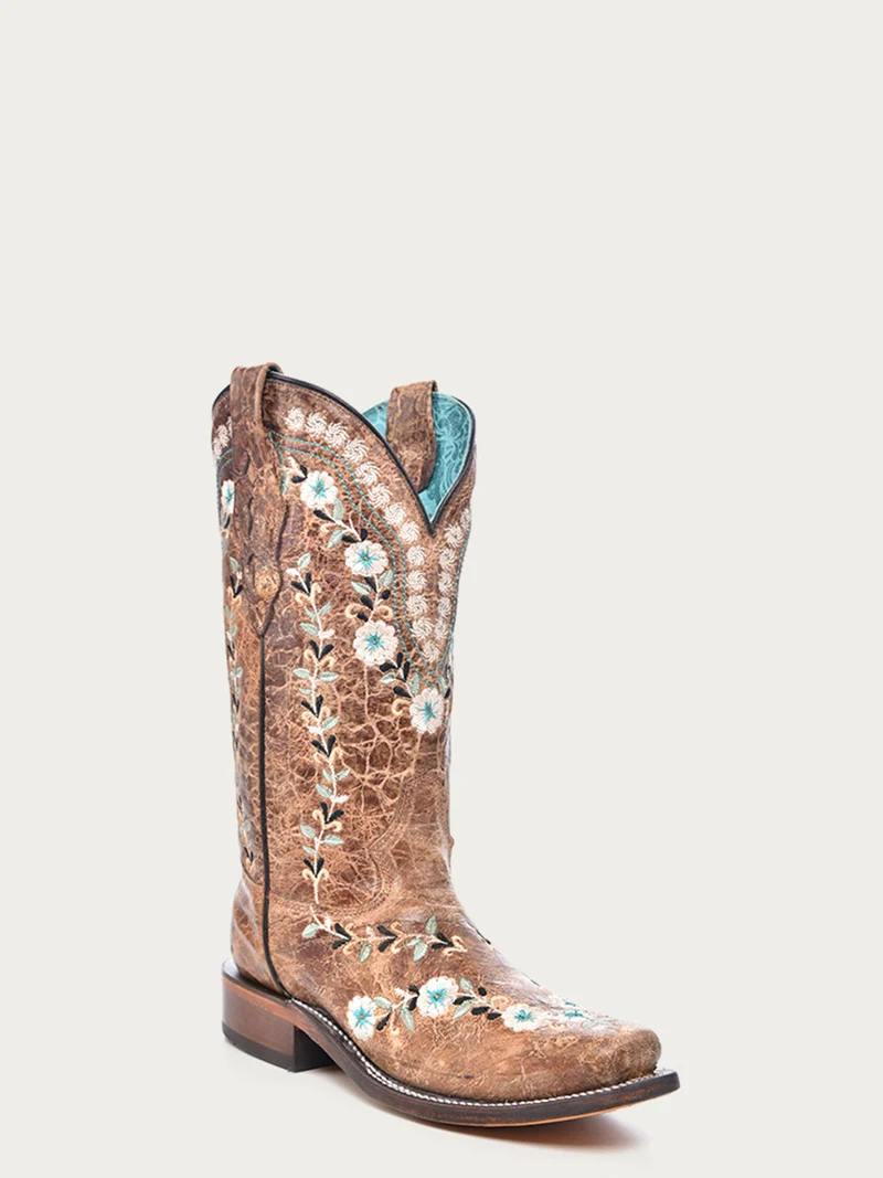 A4398 - WOMEN'S GLOW IN THE DARK FLORAL EMBROIDERY DISTRESS COGNAC SQUARE TOE COWBOY BOOT