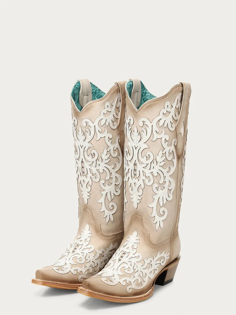 A5070 - WOMEN'S BONE OVERLAY EMBROIDERY AND STUDS WITH NOBUCK FINISH SNIP TOE COWBOY BOOT