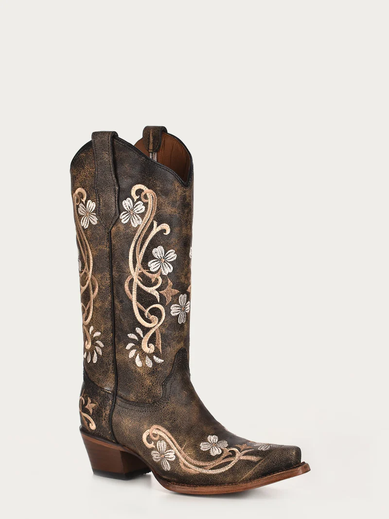 L5175 - WOMEN'S WORN BLACK MULTI COLOR FLORAL EMBROIDERY SNIP TOE CIRCLE G COWBOY BOOT