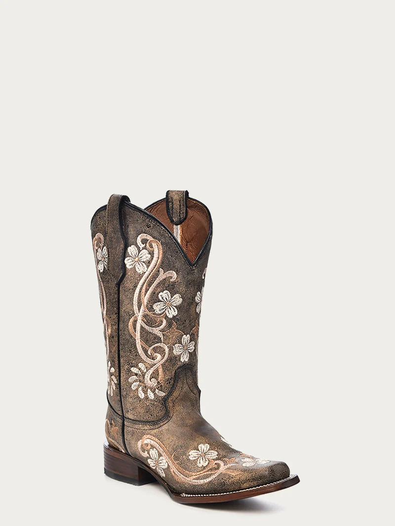 L5241 - WOMEN'S FADED BLACK MULTI COLOR FLORAL EMBROIDERY SQUARE TOE CIRCLE G COWBOY BOOT
