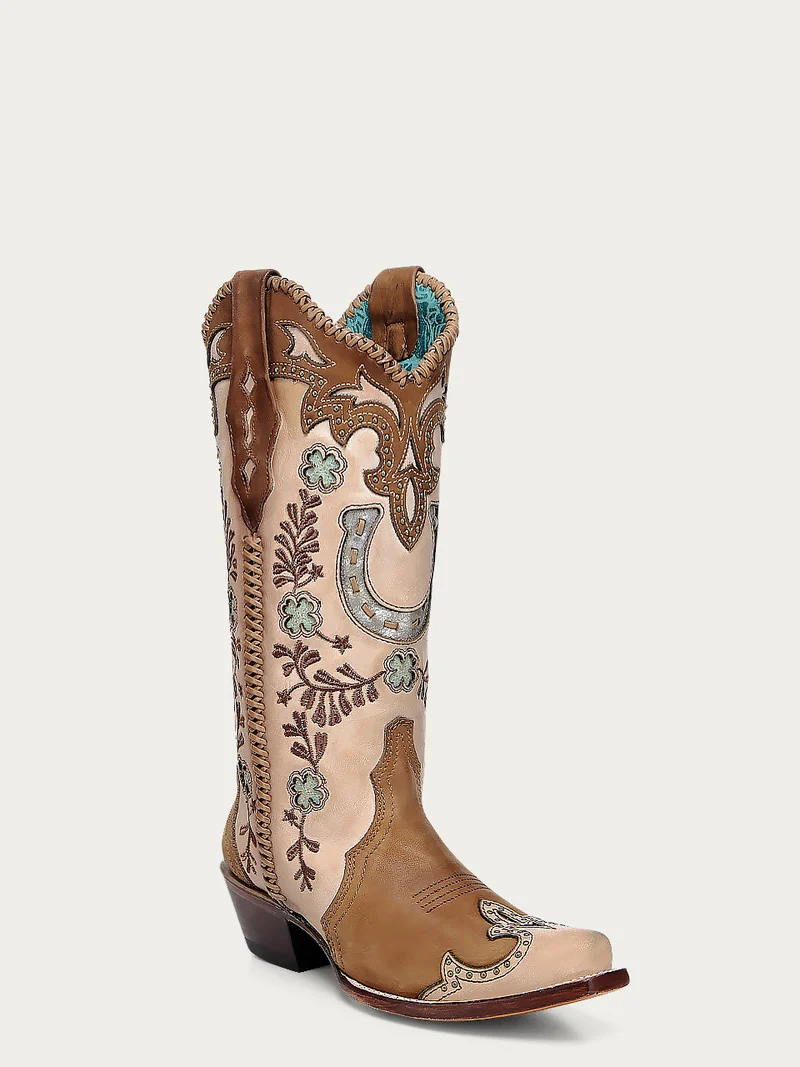 A4863 - WOMEN'S HONEY HORSESHOE OVERLAY EMBROIDERY STUDS HANDWOVEN SNIP TOE COWBOY BOOT