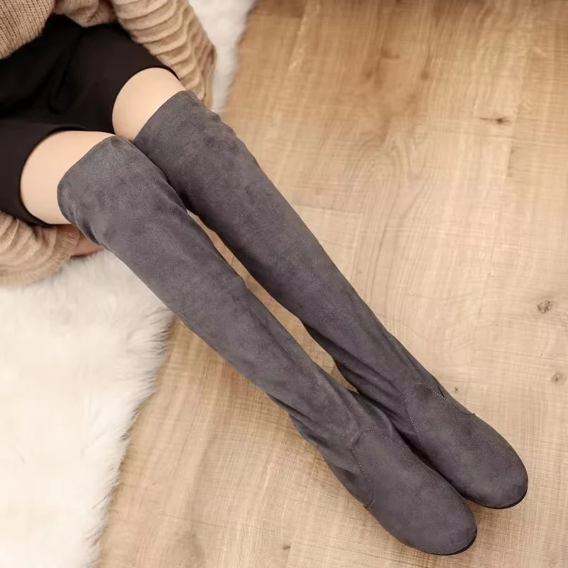 HOT Nieuwe Collectie Vrouwen Laarzen Vierkante Blokhak Bont Platform Winter Knie Hoge Laarzen