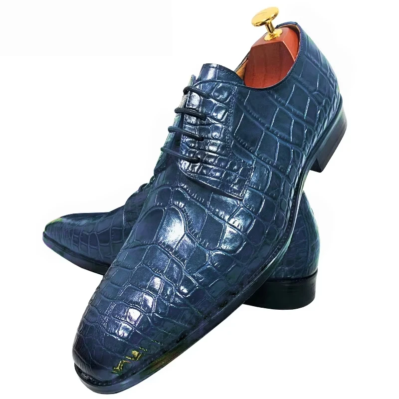 Blauwzwarte Oxfordschoenen met krokodillenpatroon