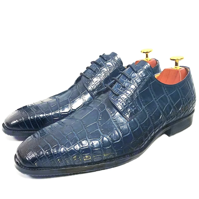 Blauwzwarte Oxfordschoenen met krokodillenpatroon