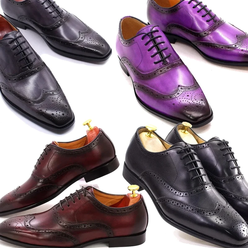 Paarse Wingtip Oxford-schoenen voor heren van echt kalfsleer
