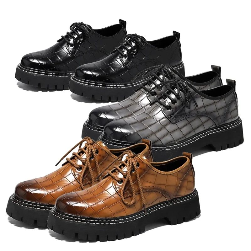 Casual Oxford schoenen zwart leer vierkant Croco-patroon