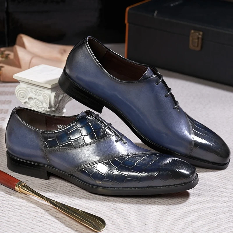 Koe lederen krokodil patroon heren blauwe schoenen