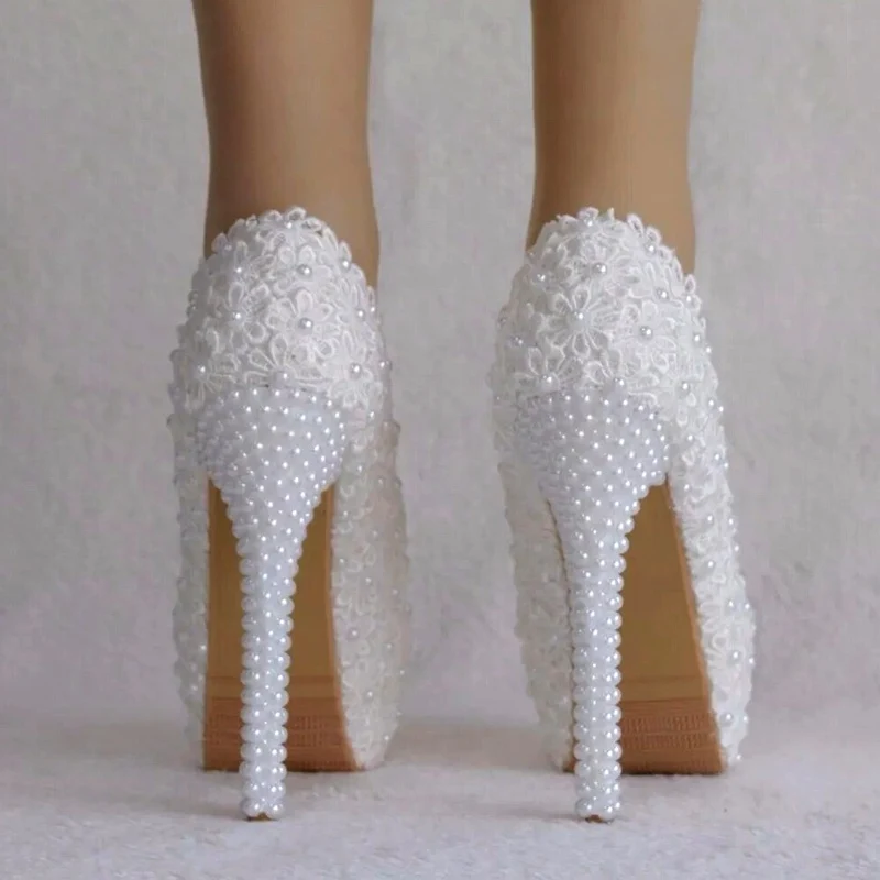 Vrouwen Bloem Kant Parel Trouwschoenen 14cm Hakken