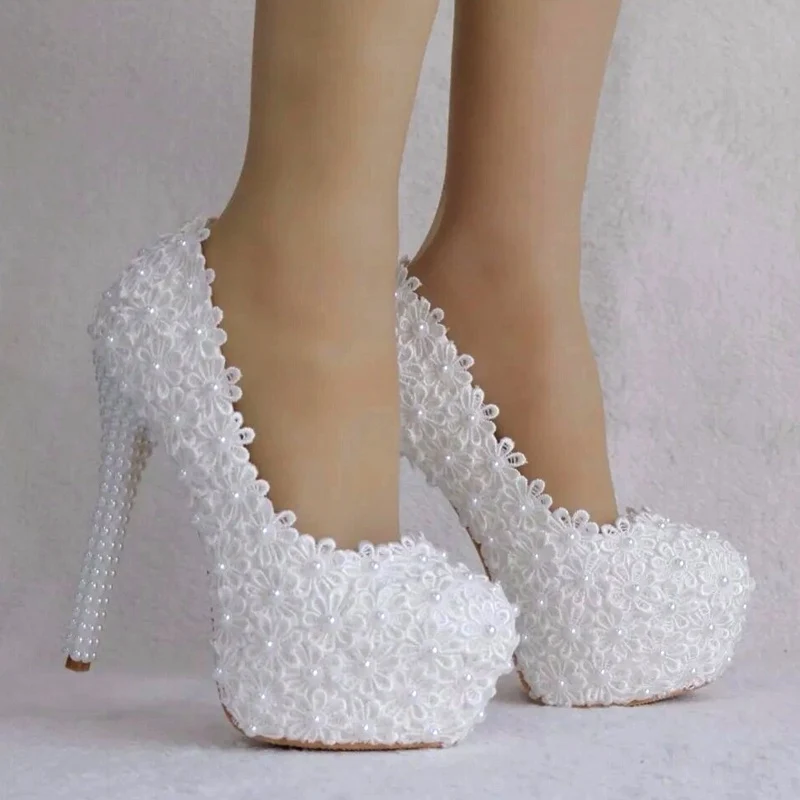 Vrouwen Bloem Kant Parel Trouwschoenen 14cm Hakken