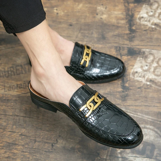 Heren Half Schoenen Zwarte Pantoffels Mode Loafers Leer