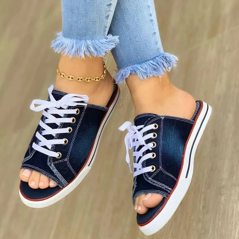Casual canvas damesschoenen Lace-up pantoffels met open tenen