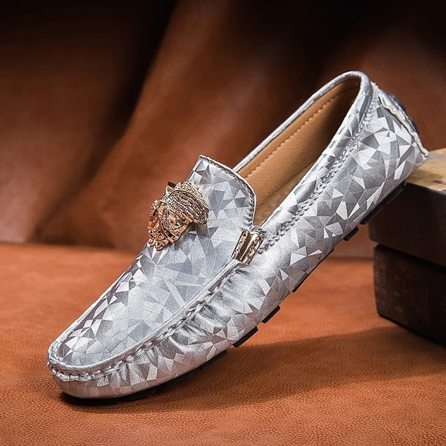 Zilverkleurige casual leren erwtenloafers voor heren