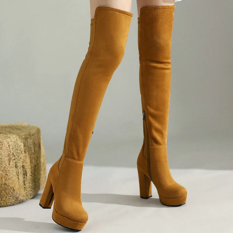 Overknee platform vierkante camel laarzen met hoge hak