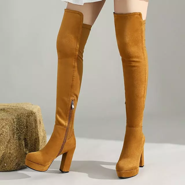 Overknee platform vierkante camel laarzen met hoge hak