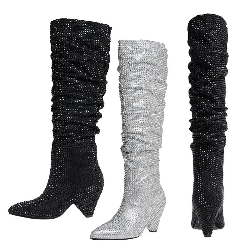Hoge Spike Heels Puntige Teen Strass Vouw Bling Dames Laarzen