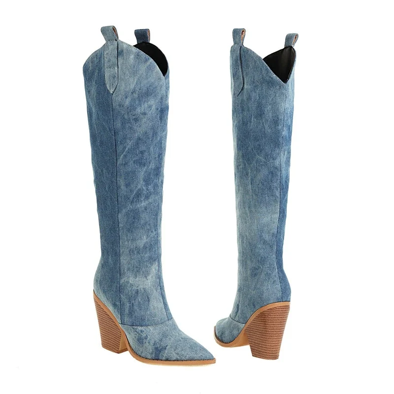 Denim kniehoge laarzen Cowboylaarzen