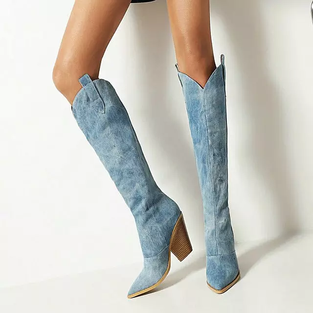 Denim kniehoge laarzen Cowboylaarzen
