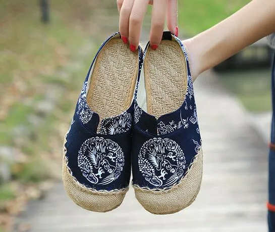 Vintage zachte flats teen katoen canvas stof schoenen vrouw