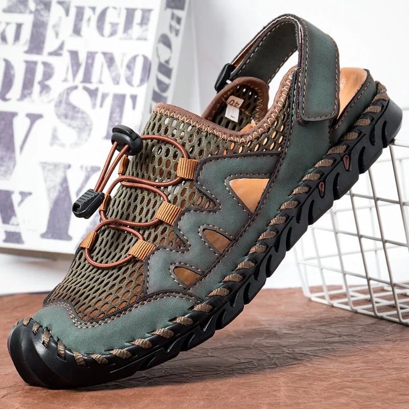 Heren lederen handstiksels, ademend mesh, casual zachte sandalen