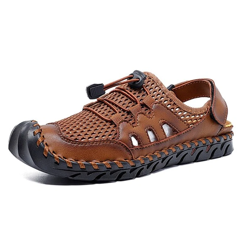 Heren lederen handstiksels, ademend mesh, casual zachte sandalen