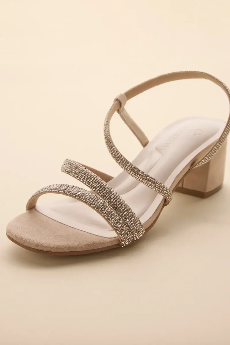 Suede and Crystal Block Heel Sandals