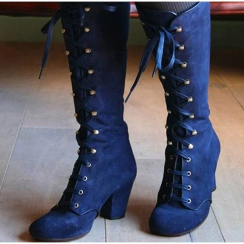 Dames Halfhoge Laarzen Schoenen Vrouw Cross Lace Up Vrouwelijke Suede Hoge Hakken Dames Dikke Hakken Retro