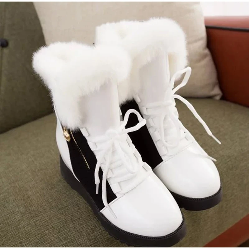 Vrouwen Winter Enkellaarsjes Lace Up Schoenen Vrouw Rits Gemengde Kleur Vrouwen Hoogte Toenemende Laarzen Pluche