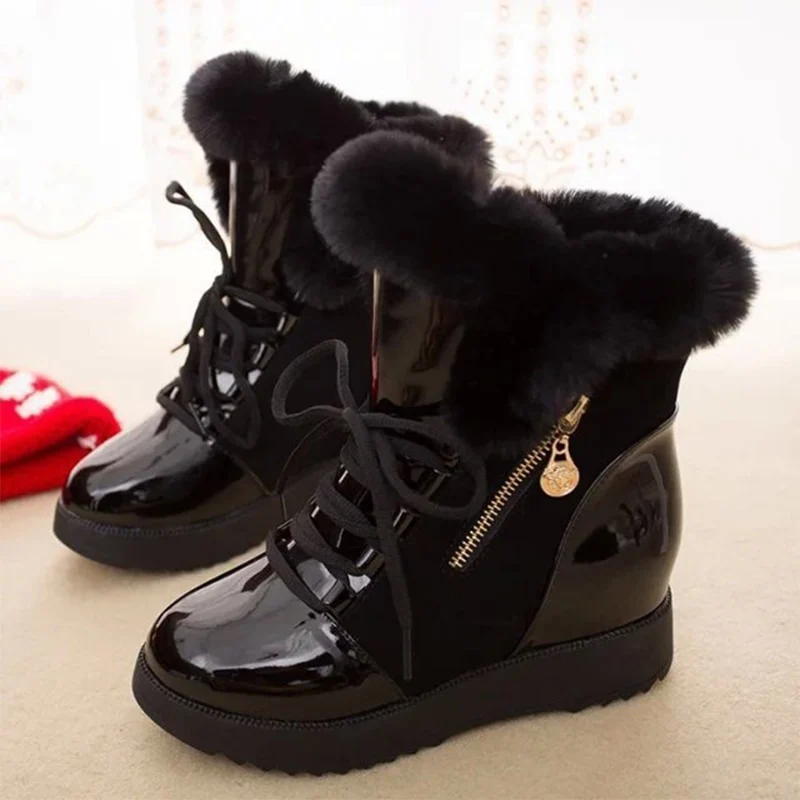 Vrouwen Winter Enkellaarsjes Lace Up Schoenen Vrouw Rits Gemengde Kleur Vrouwen Hoogte Toenemende Laarzen Pluche