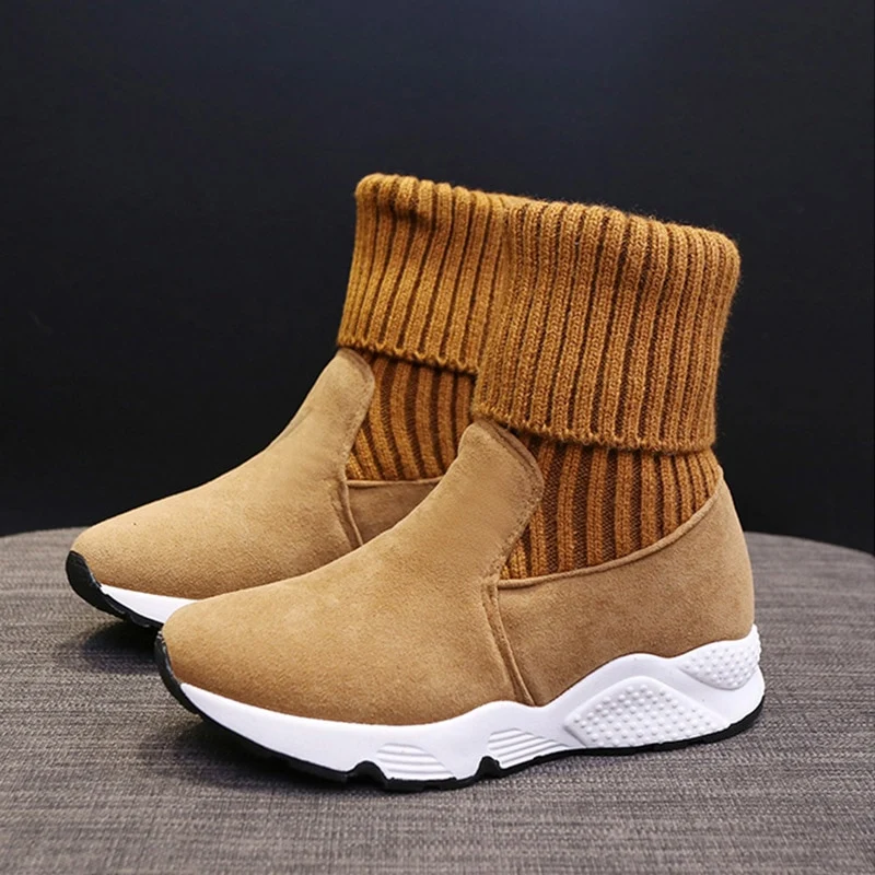 Vrouwen Winter gebreide Sokken Enkellaarsjes Vrouw Schoenen Pluche Platform Dames Twee Slijtage Laarzen