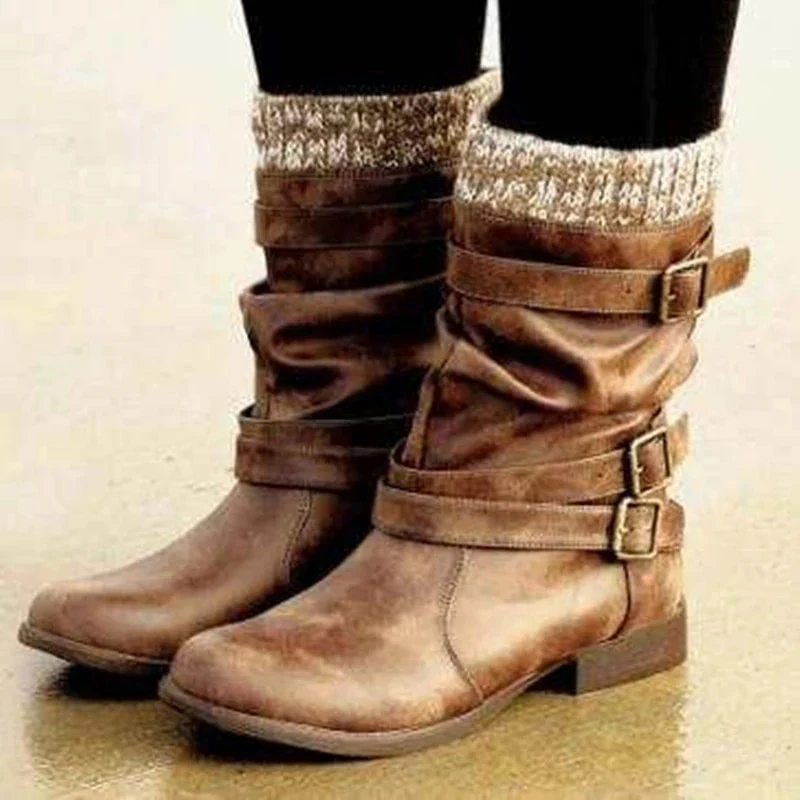 Dames Halfhoge Laarzen Gebreide Winter Gesp PU Chunky Hakken Vrouw Slip Op Retro Laarzen Dames