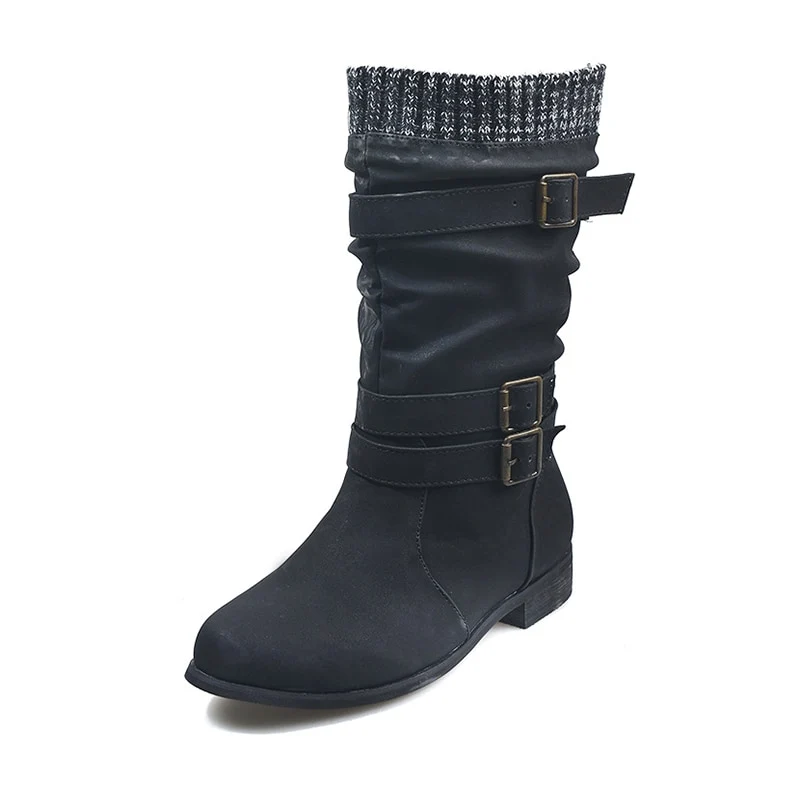 Dames Halfhoge Laarzen Gebreide Winter Gesp PU Chunky Hakken Vrouw Slip Op Retro Laarzen Dames