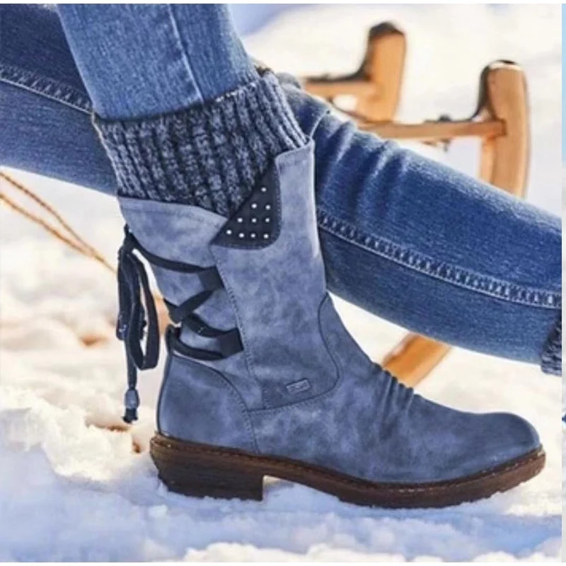 Dames Halfhoge Laarzen Winter Vrouw Warme Zip Snowboots Vrouwelijke PU Leer Effen Naaien Platform Schoen