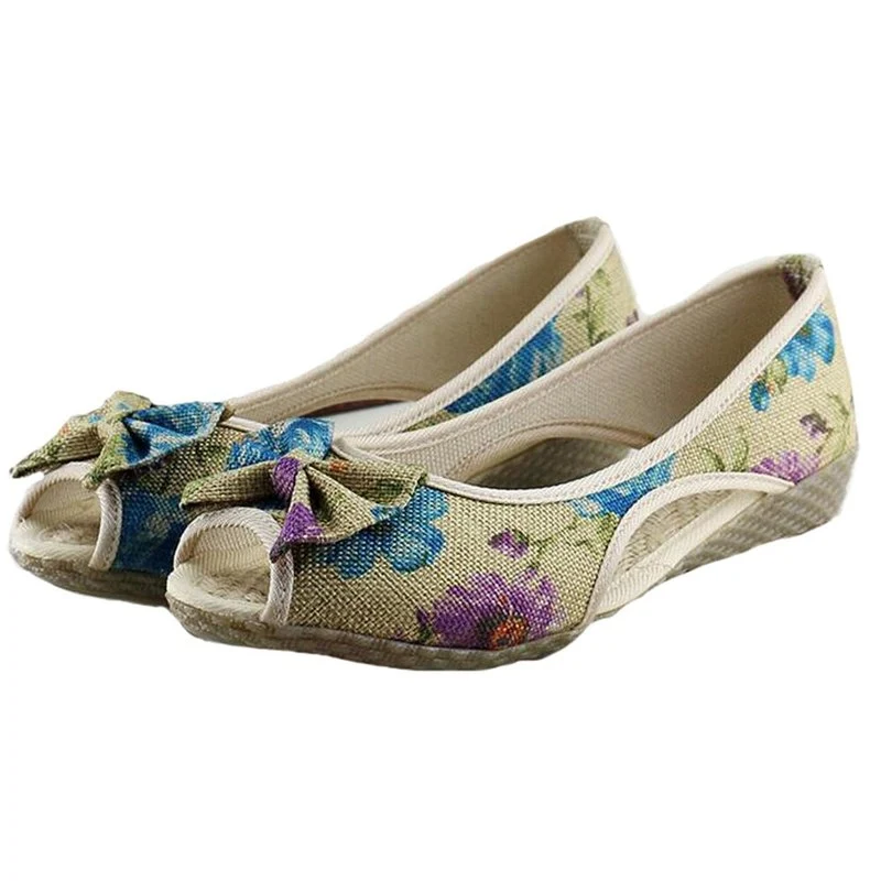 Vintage dames flats canvas borduurschoenen