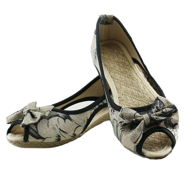 Vintage dames flats canvas borduurschoenen