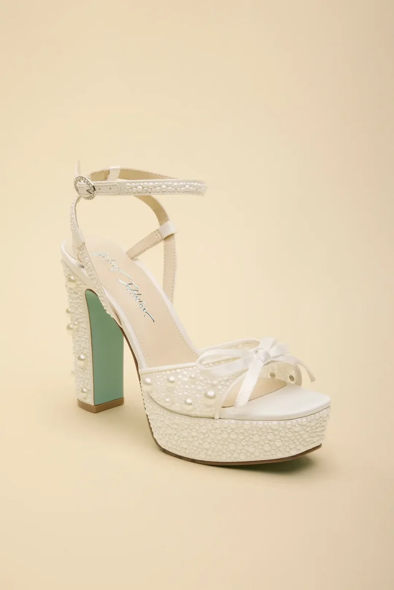 Pearl Block Heel Platform Sandals with Bow