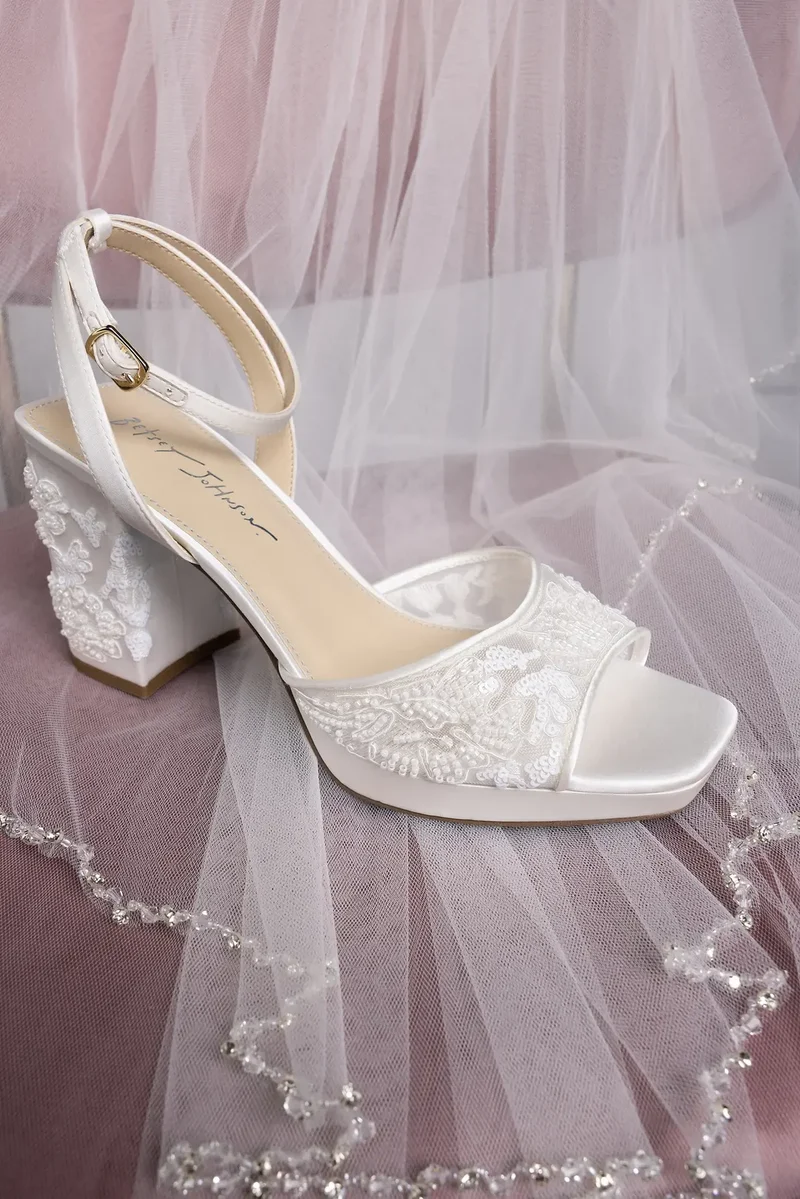 Floral Beaded Satin Block Heel Sandals