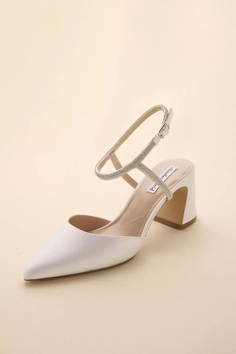 Satin Pointed Toe Block Heels with Crystal Straps