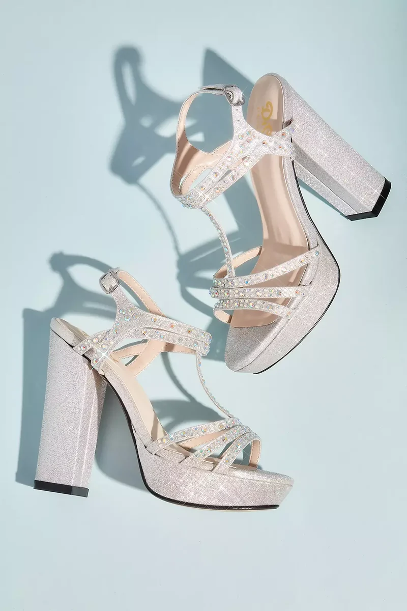 Platform Block Heel Sandals with Crystal T-Strap